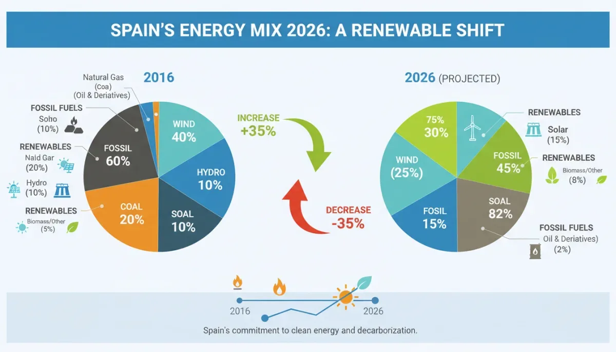 Infografía sobre la matriz energética de España en 2026 con énfasis en renovables