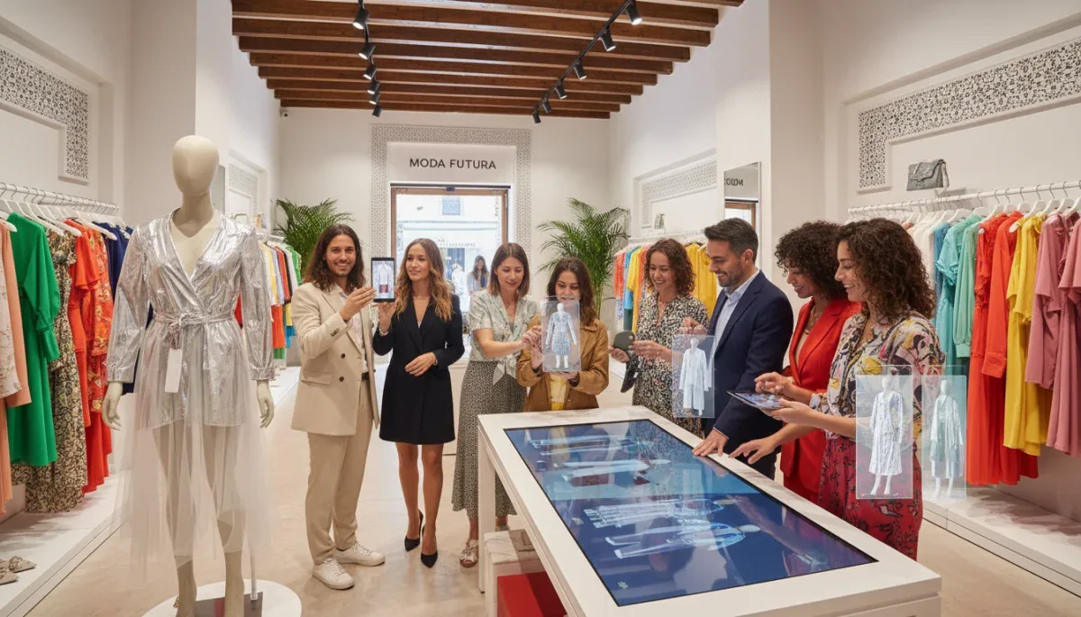 Clientes interactuando con probadores virtuales de realidad aumentada en una boutique de moda.
