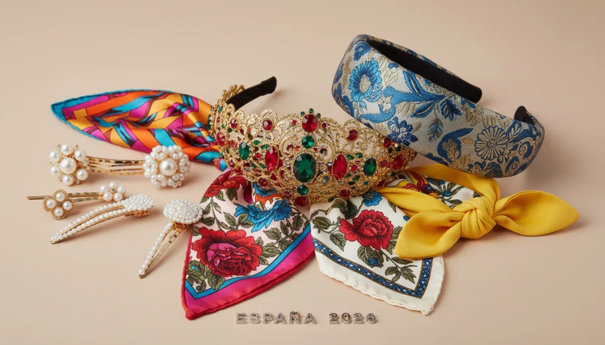 Variedad de accesorios para el cabello, incluyendo diademas, horquillas de perlas y pañuelos de seda, tendencias 2026.