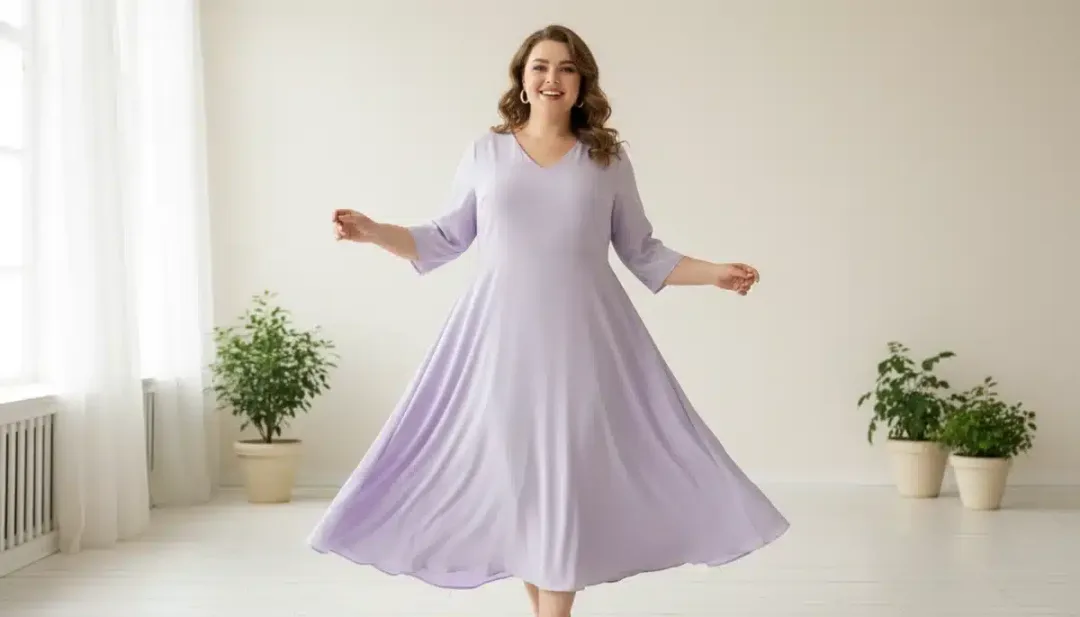 Modelo luciendo un elegante vestido plus size corte A de Shein en color pastel.