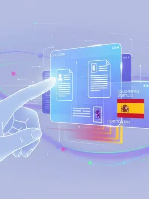 Mano interactuando con interfaz digital de trámites gubernamentales en España