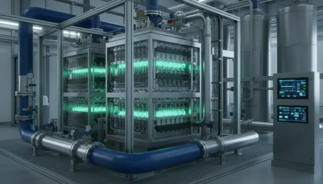 Planta de producción de hidrógeno verde con celdas de electrólisis y tuberías, representando la vanguardia tecnológica.