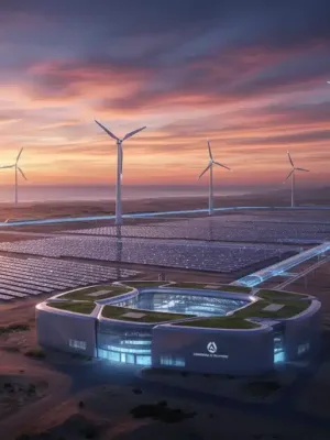 Paisaje energético futurista con turbinas eólicas, paneles solares y almacenamiento de energía, simbolizando la innovación renovable en España.