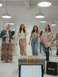 Mujeres probándose ropa de Shein sonriendo, celebrando haber encontrado su talla perfecta.