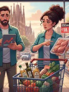 Familia española comprando en un supermercado con precios altos en 2026