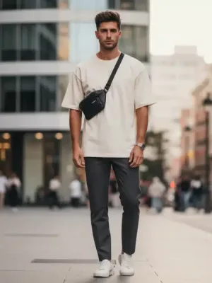 Hombre español vistiendo moda Shein minimalista funcional en un entorno urbano moderno.