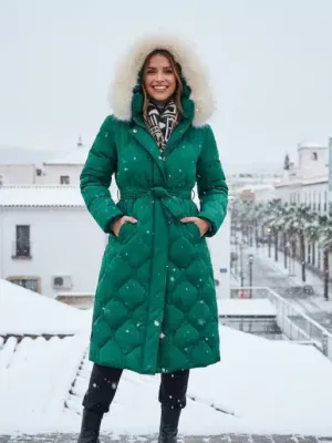 Mujer con abrigo Shein de invierno en paisaje urbano nevado en España, combinando estilo y calidez.