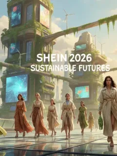 Moda sostenible futurista de Shein en un entorno urbano verde.