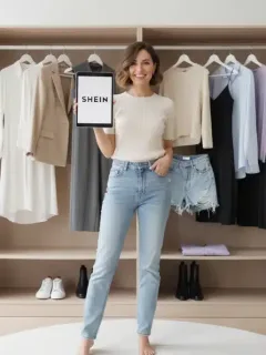 Mujer organizando su armario cápsula Shein 2026 con prendas versátiles y modernas.