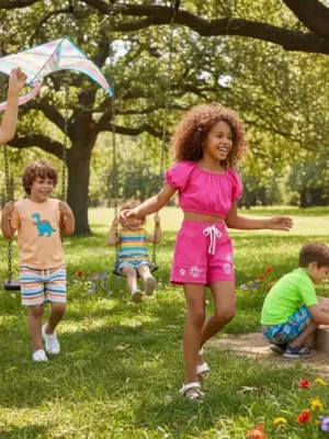 Niños sonrientes jugando en un parque, vestidos con la nueva colección Shein Kids Verano 2026, destacando la comodidad y el estilo de las prendas.