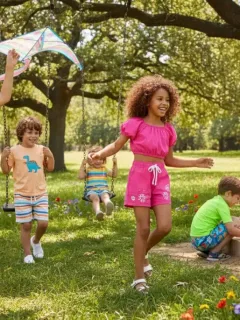 Niños sonrientes jugando en un parque, vestidos con la nueva colección Shein Kids Verano 2026, destacando la comodidad y el estilo de las prendas.