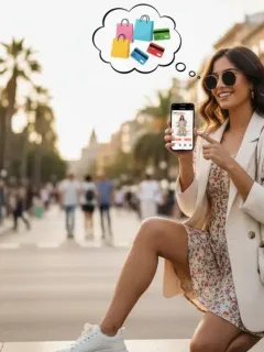 Joven sonriendo mientras compra moda Shein con grandes descuentos en su móvil en España.