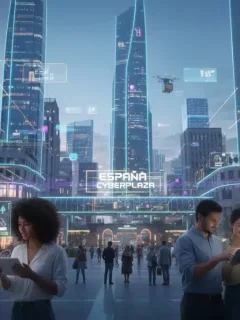 Paisaje urbano futurista de España con personas comprando en línea y gráficos de crecimiento digital.