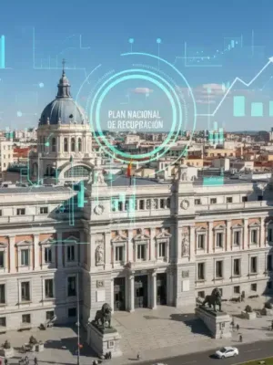 Palacio de las Cortes con gráficos digitales, simbolizando el plan de recuperación económica de España para 2026.