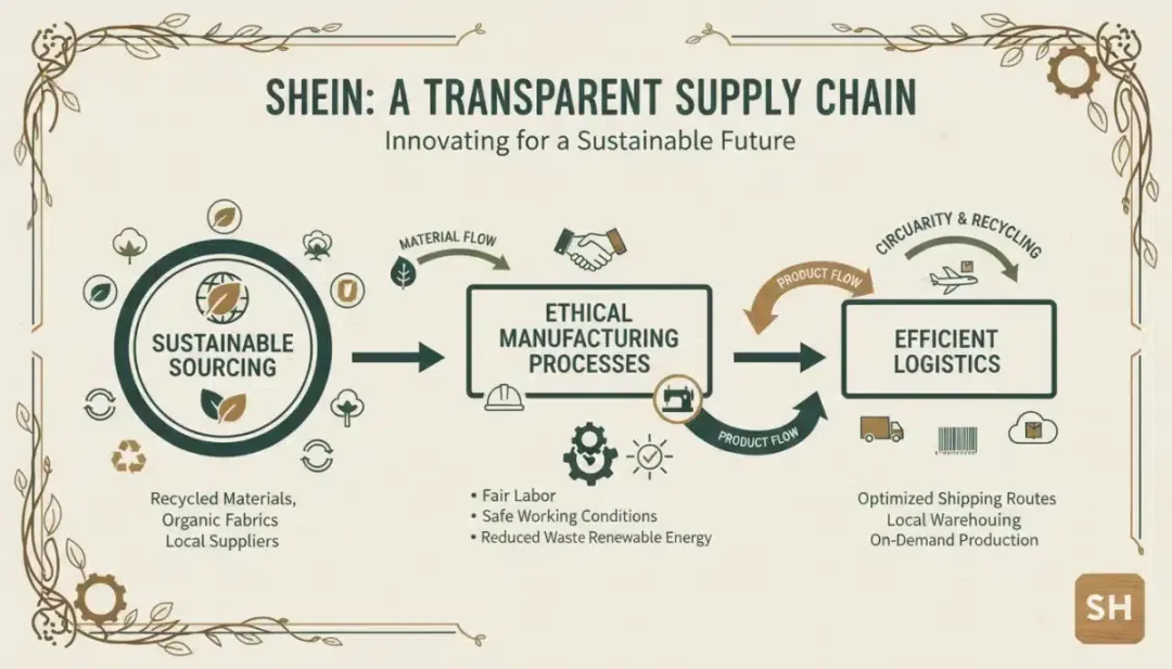 Infografía detallada de la cadena de suministro de Shein, mostrando puntos clave de sostenibilidad y ética en su producción.