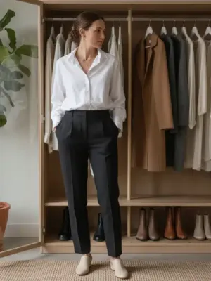 Mujer elegante con un fondo de armario atemporal de Shein, vistiendo básicos versátiles y chic.