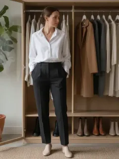 Mujer elegante con un fondo de armario atemporal de Shein, vistiendo básicos versátiles y chic.