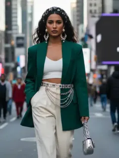 Mujer luciendo accesorios Shein de moda en 2026, incluyendo pendientes, bolso mini, diadema y cinturón, todo por menos de 15 euros.