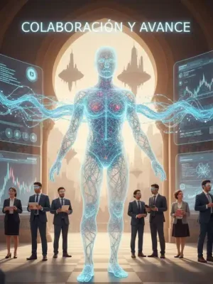 Inteligencia artificial transformando el empleo en España, con profesionales de distintos sectores colaborando con IA.