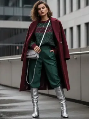 Mujer vistiendo las nuevas tonalidades de otoño-invierno 2026 de Shein, con un abrigo burdeos y accesorios en verde bosque.