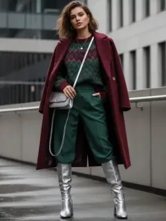 Mujer vistiendo las nuevas tonalidades de otoño-invierno 2026 de Shein, con un abrigo burdeos y accesorios en verde bosque.