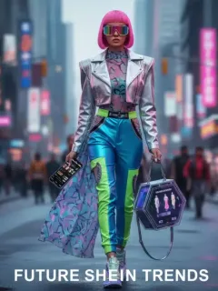 Mujer joven con atuendo moderno, símbolo de las tendencias Shein 2026, caminando por una calle concurrida.
