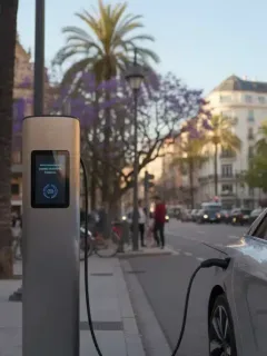 Coche eléctrico cargando en un punto de recarga público en una ciudad española, con edificios modernos de fondo.