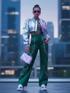 Mujer joven con estilo vanguardista, luciendo un atuendo Shein que combina elementos futuristas y tendencias actuales para 2026.