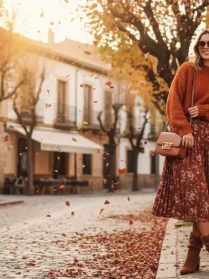 Mujer con look de otoño Shein en calle española, con jersey de punto y falda midi