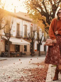 Mujer con look de otoño Shein en calle española, con jersey de punto y falda midi