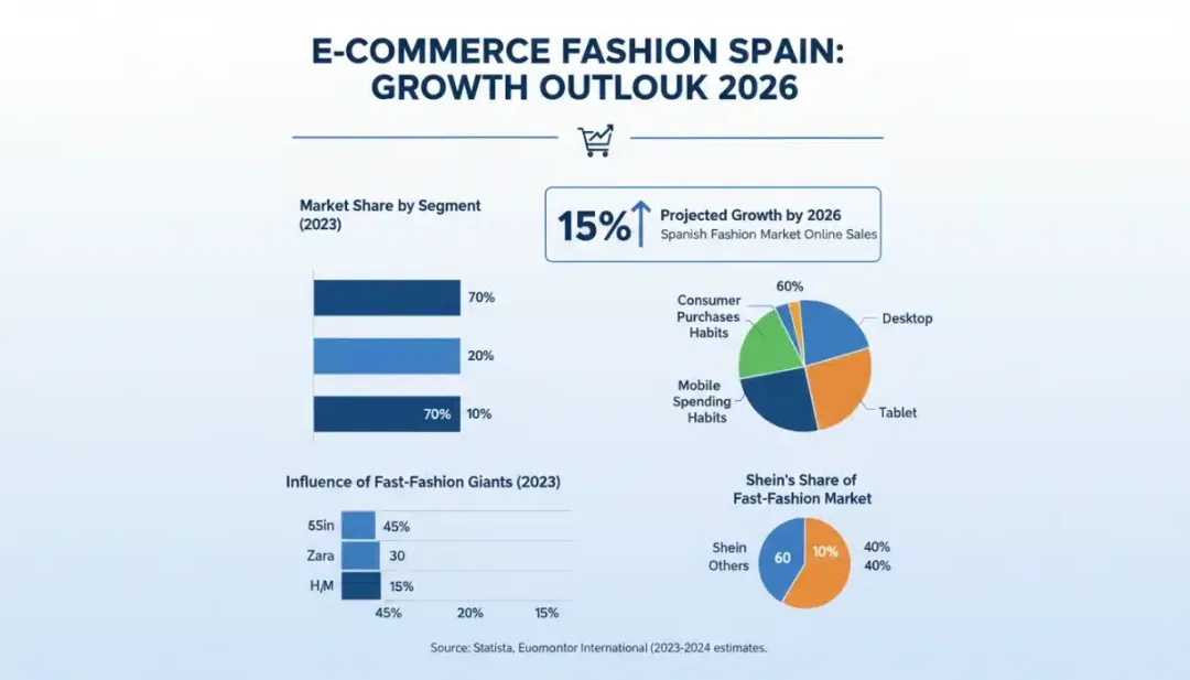 Gráfico estadístico del crecimiento del 15% en el comercio electrónico de moda española para 2026, destacando la influencia de Shein.