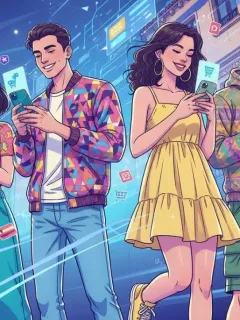Jóvenes comprando moda online en España con móviles y tabletas, ilustrando el impacto de Shein en el sector.