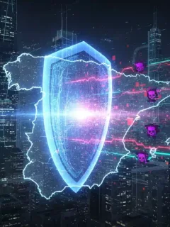Escudo digital futurista protegiendo un mapa de España de ciberamenazas