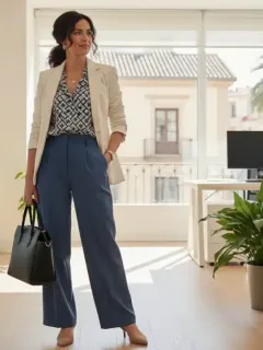 Mujer profesional con atuendo de oficina Shein elegante y moderno en un entorno laboral español.