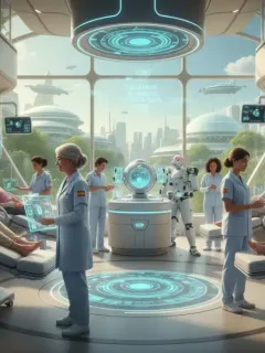 Hospital futurista en España, con personal médico diverso y tecnología avanzada, abordando los desafíos de salud en 2026.