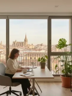 Oficina en casa moderna y luminosa, con una persona trabajando en un portátil, simbolizando el teletrabajo en España.