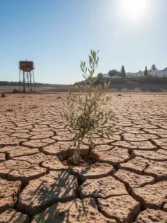 Paisaje árido y agrietado por la sequía en España, con un sol intenso y un embalse seco al fondo, reflejando la urgencia de la crisis climática.