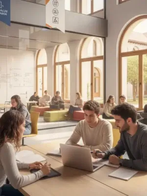 Estudiantes españoles en un aula moderna, utilizando tecnología y colaborando, simbolizando las reformas educativas de España.