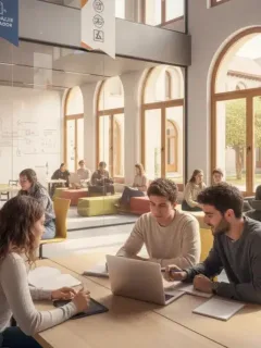 Estudiantes españoles en un aula moderna, utilizando tecnología y colaborando, simbolizando las reformas educativas de España.