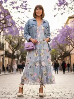 Mujer española luciendo las tendencias de Shein primavera 2026 en un entorno urbano soleado.