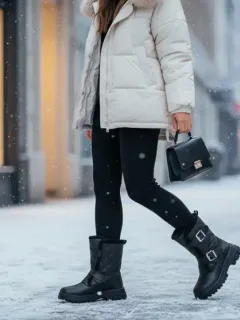Mujer luciendo botas Shein de invierno 2026 en un entorno urbano nevado