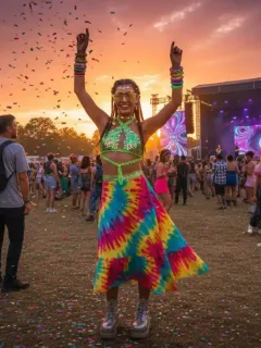 Joven con un look atrevido de Shein en un festival de música al atardecer, celebrando la moda económica y vibrante.