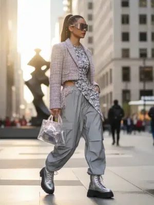 Mujer joven con estilo urbano y moderno, combinando tendencias de pasarela de Shein 2026 en su atuendo diario, paseando por la ciudad.