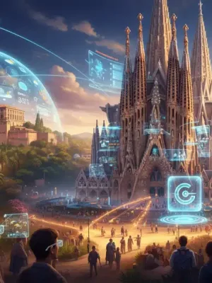 Iconos turísticos españoles fusionados con elementos tecnológicos futuristas, simbolizando el crecimiento y la innovación del turismo en 2026.