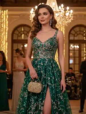Mujer luciendo un vestido de fiesta Shein elegante y brillante en un evento de gala en España.