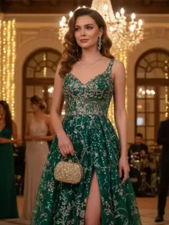 Mujer luciendo un vestido de fiesta Shein elegante y brillante en un evento de gala en España.