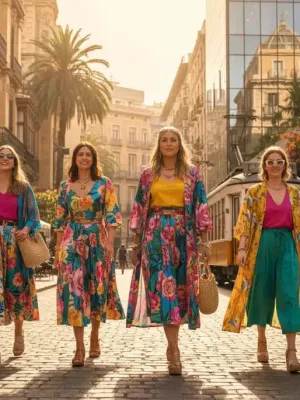 Mujeres con atuendos de Shein de moda primaveral 2026 en un entorno urbano español.