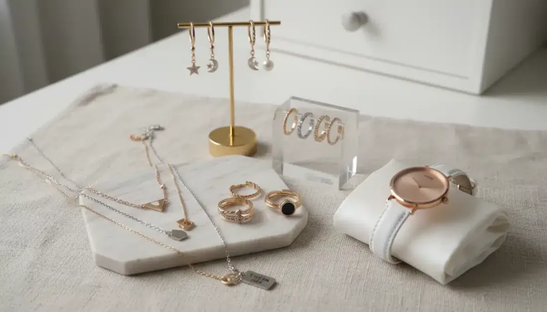 Detalle de una colección de accesorios Shein 2026, incluyendo collares, anillos y pendientes, mostrando su diseño moderno.