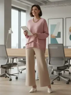 Mujer elegante con atuendo de oficina Shein en un entorno laboral moderno en 2026.