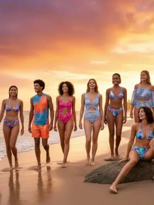 Modelos luciendo bañadores y bikinis de Shein en una playa al atardecer, destacando las tendencias del verano 2026.